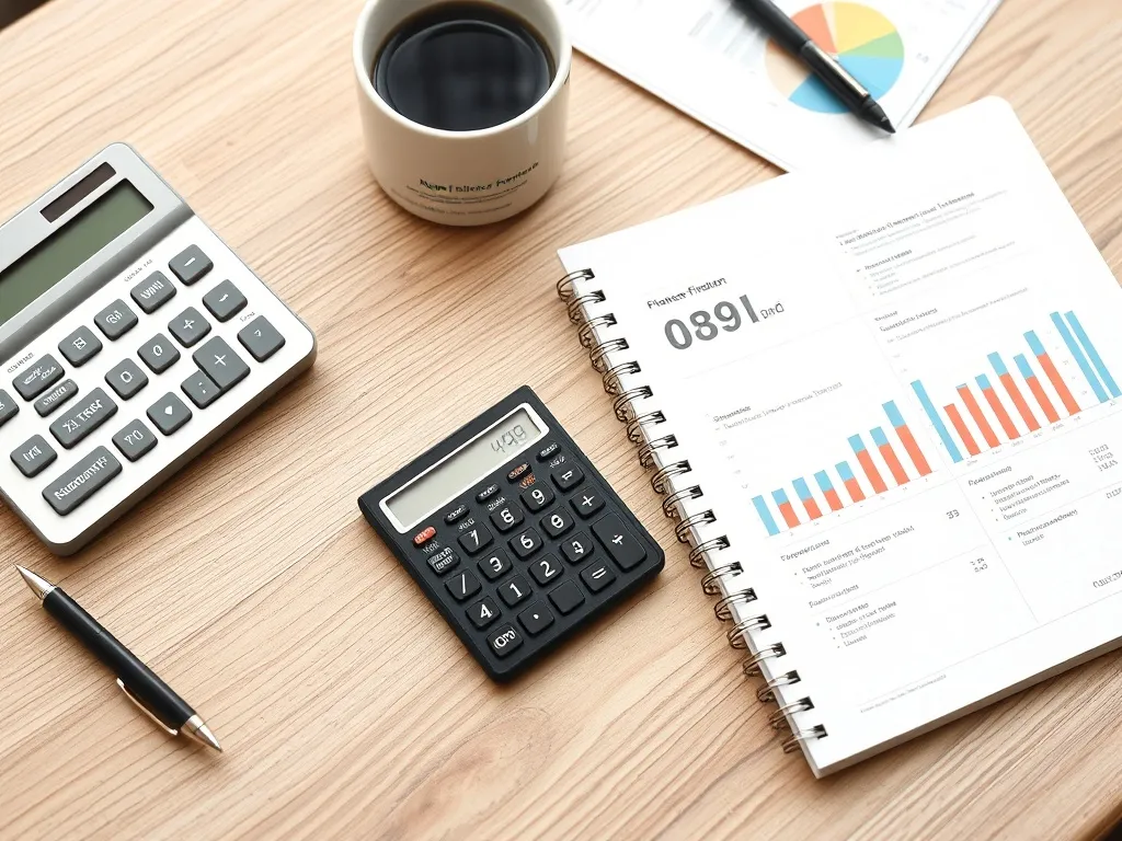 A professional workspace with a calculator, a notebook with