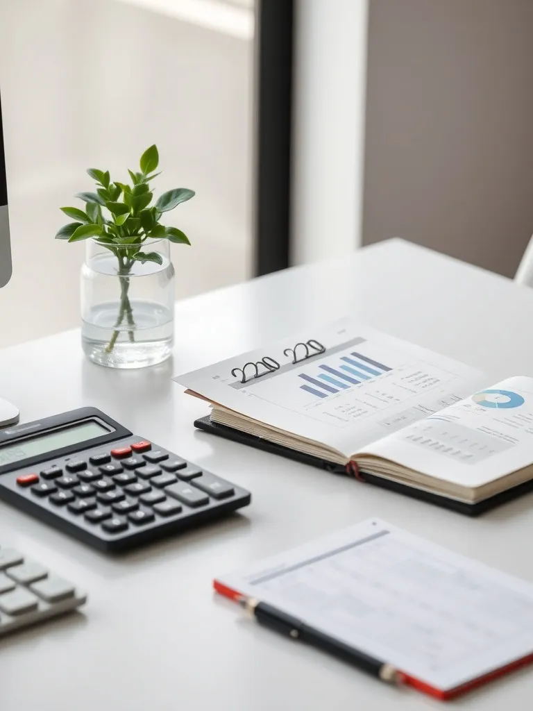 A minimalist organized office desk with a calculator, a smal