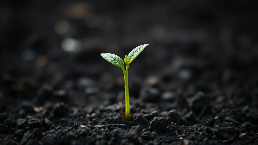 A macro shot of a young tree sapling growing out of rich dar