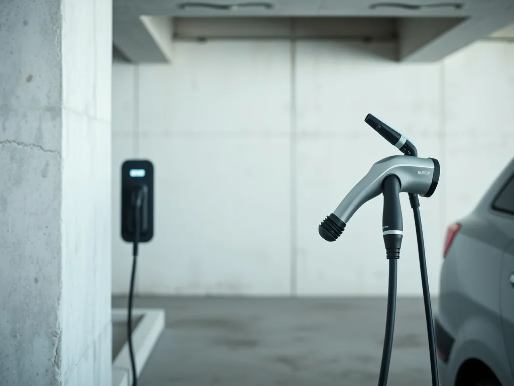 A close-up of a modern EV charging station in a clean, minim