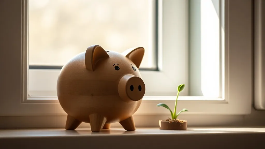 A minimalist wooden piggy bank on a sunlit window sill with