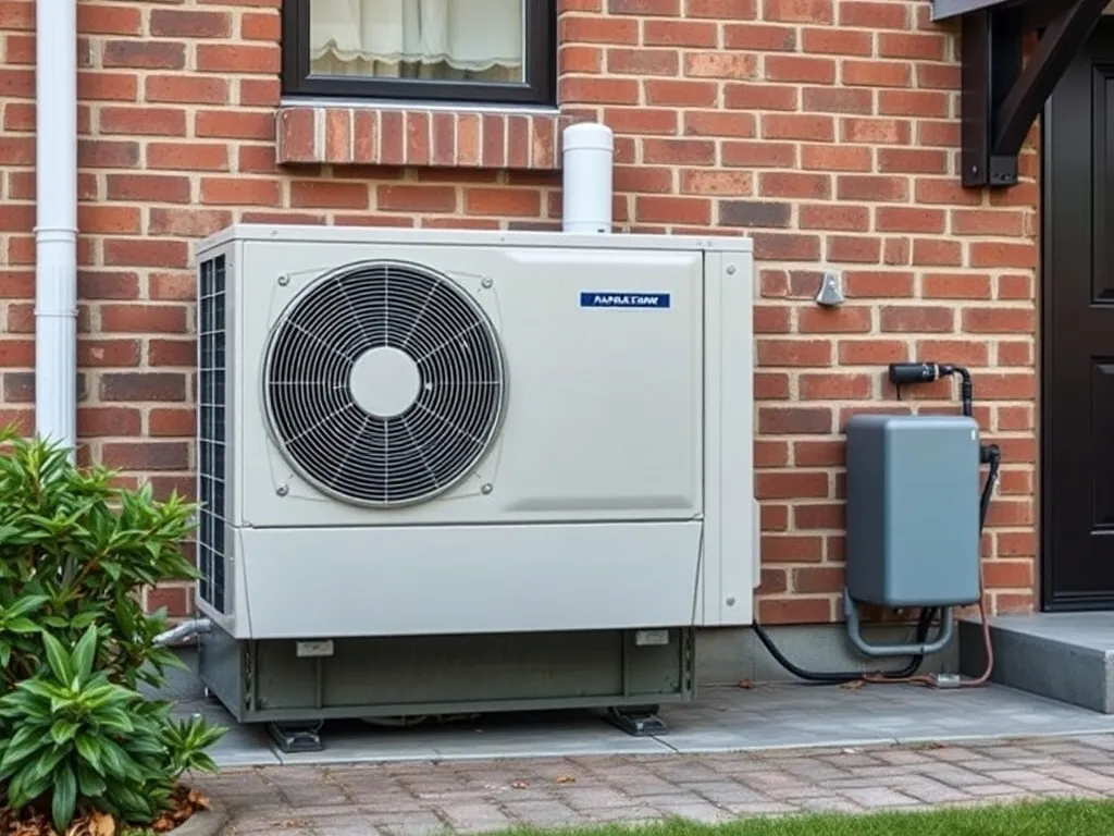 A modern exterior air-source heat pump unit installed outsid