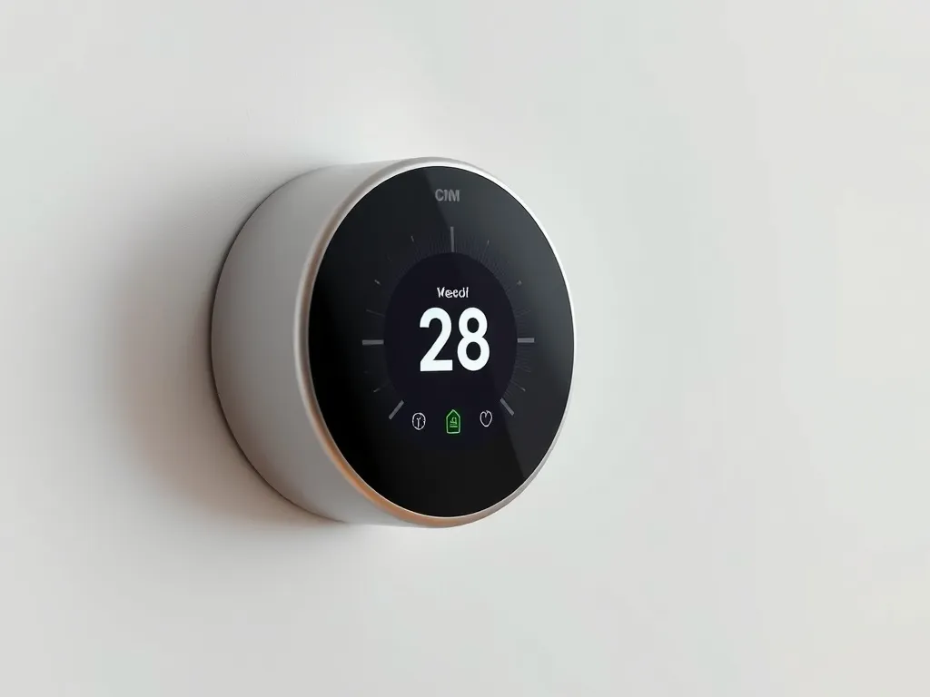 Close up of a smart thermostat on a white wall showing energ
