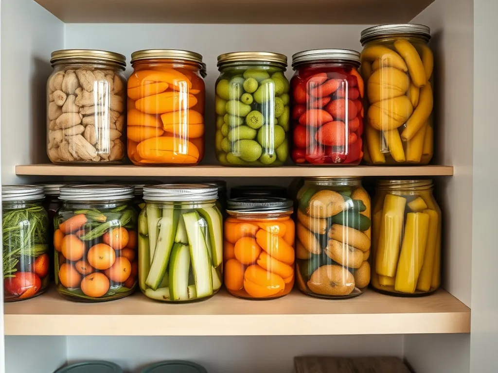 Rows of glass jars with preserved vegetables on a pantry she