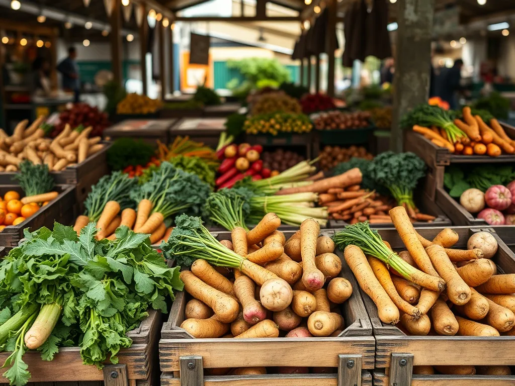 A local farmers market stall with wooden crates full of seas