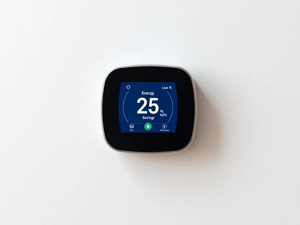 A modern smart thermostat mounted on a minimalist white wall