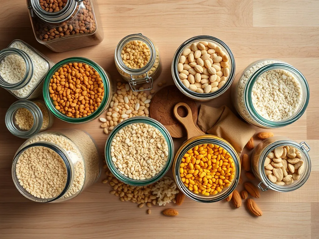 A top-down view of various bulk dry goods like lentils, rice