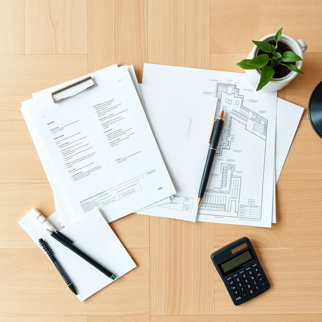 A professional, clean overhead shot of document folders, a c